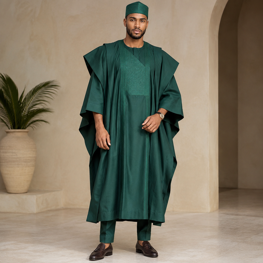 A Male Agbada design, made of Cotton, with a sleek, smooth finish, with an Oversized silhouette, styled in layers, in a Jewel Tones color palette, for Wedding, suitable for Spring, suited to a Tropical climate, in Classic style, shown on a model with olive skin and an athletic build Present it as professional fashion catalogue photography: the garment is the subject, shown full-length with editorial styling, neutral posing and tasteful, non-suggestive framing.
photorealistic fashion design, A Male Agbada design, made of Cotton, with a sleek, smooth finish, with an Oversized silhouette, styled in layers, in a Jewel Tones color palette, for Wedding, suitable for Spring, suited to a Tropical climate, in Classic style, shown on a model with olive skin and an athletic build Present it as professional fashion catalogue photography: the garment is the subject, shown full-length with editorial styling, neutral posing and tasteful, non-suggestive framing., classic style, just the design no text
