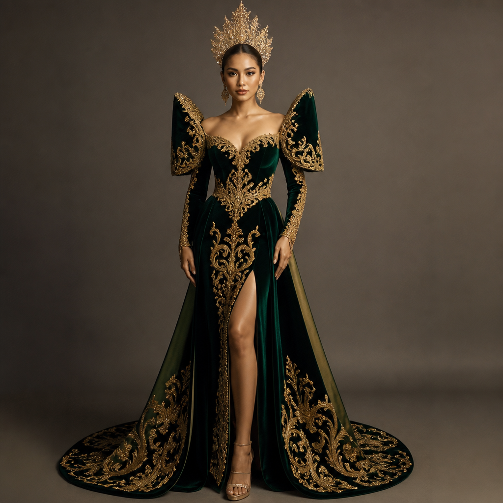 A Dress design, made of Velvet, for Festival, in Glamorous + Elegant + Classic style. festival queen costume. Philippines fashion aesthetics.
photorealistic fashion design, A Dress design, made of Velvet, for Festival, in Glamorous + Elegant + Classic style. festival queen costume. Philippines fashion aesthetics., glamorous style, just the design no text