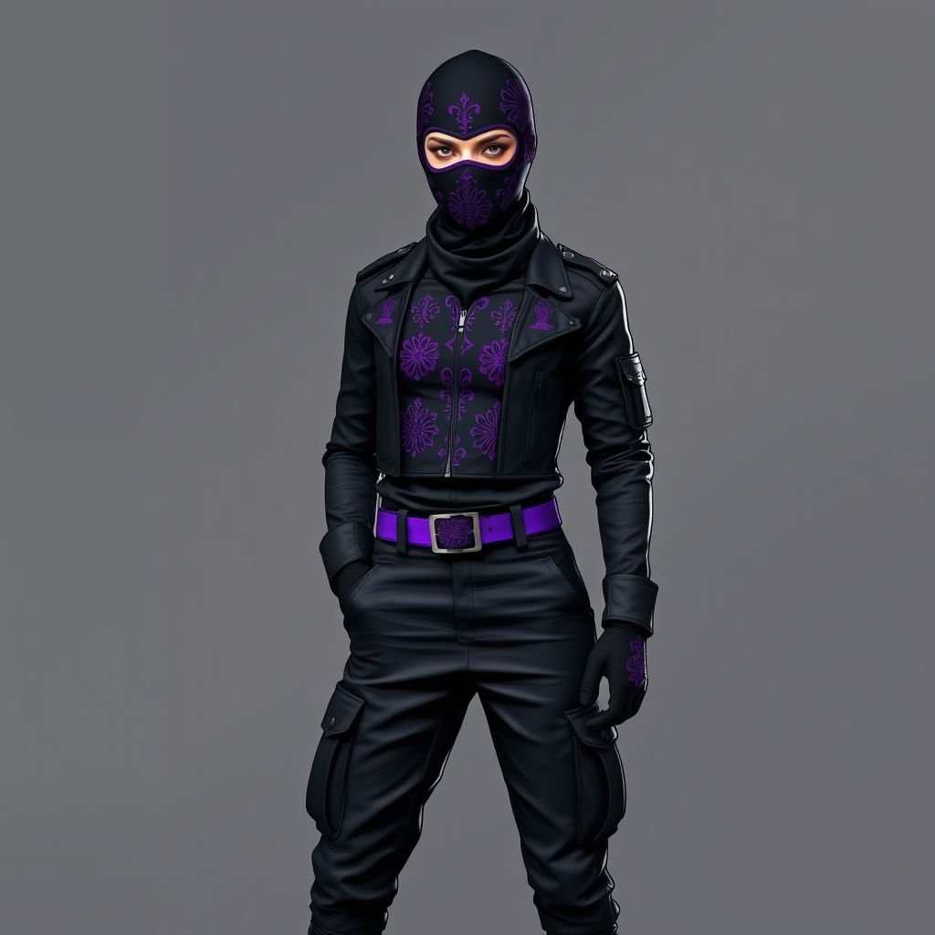 Only Black balaclava with purple motifs
Design a striking military-inspired outfit featuring a form-fitting black balaclava adorned with intricate purple motifs reminiscent of tactical insignias. Pair it with a structured cropped jacket, complete with epaulettes and utility pockets, and tapered cargo pants in a matte finish. Accentuate with combat boots and a bold purple belt for a modern edge.