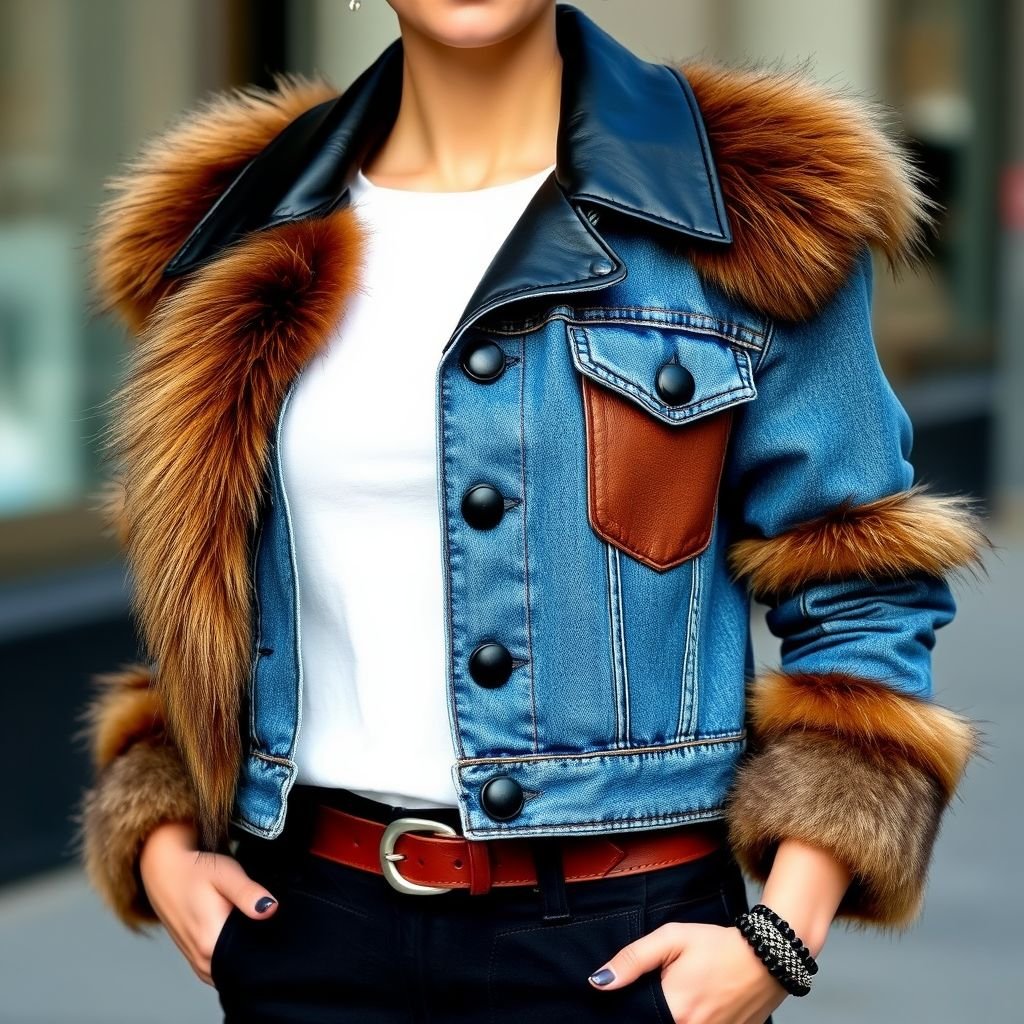 A black leather colar high jacket with big brown fur lapels and brown pockets but is small and has brown pockets plus brown fur on its sleeves
Design a chic cropped denim jacket featuring a sleek black leather collar and oversized brown fur lapels. Infused with a modern twist, the jacket showcases contrast brown pockets accented with soft fur detailing on the sleeves, all artfully cut for a tailored yet relaxed fit. Perfect for an urban street style.