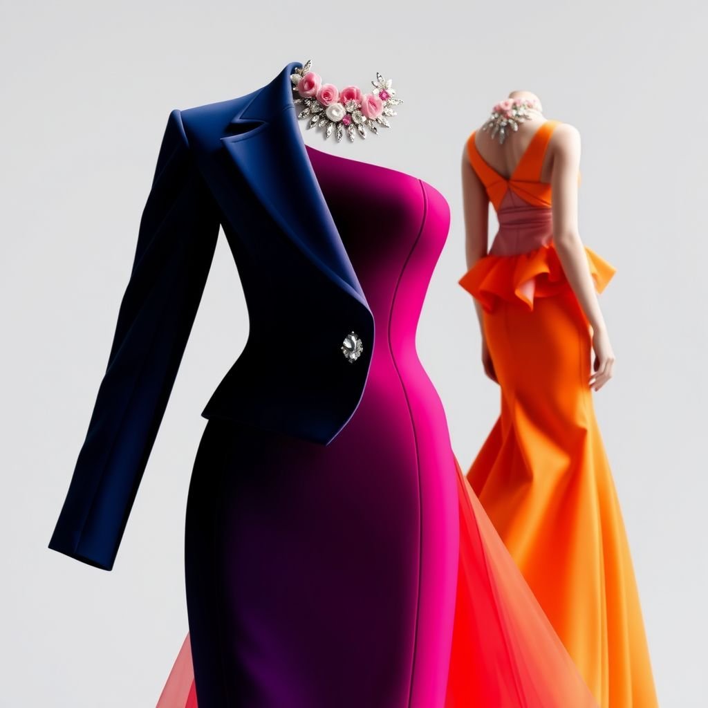 Create a beautiful Gown with structured top that looks like a suit, but one handed and also designed with crystals and on the side that has that has a sleeve. It should have three colors and on the edge of the collar. It should be a flower pedal so that all the other colors look like part of the flower. Make it one sleeve and the collar should start from the right to the left and the base of the collar should be a flower and the three colors that follow it is gonna look like petals join to the flowers. Make the right side sleeveless with the shoulder bare,
Design an exquisite haute couture gown featuring a structured bodice that mimics a tailored suit, elegantly one-shouldered. Adorned with cascading crystals, the gown transitions into three harmonious colors, each resembling delicate flower petals radiating from a stunning floral collar. The left side boasts a luxurious sleeve, while the right remains sleeveless, showcasing bold sophistication. This opulent creation seamlessly fuses structure and floral elegance, perfect for the high-fashion runway.