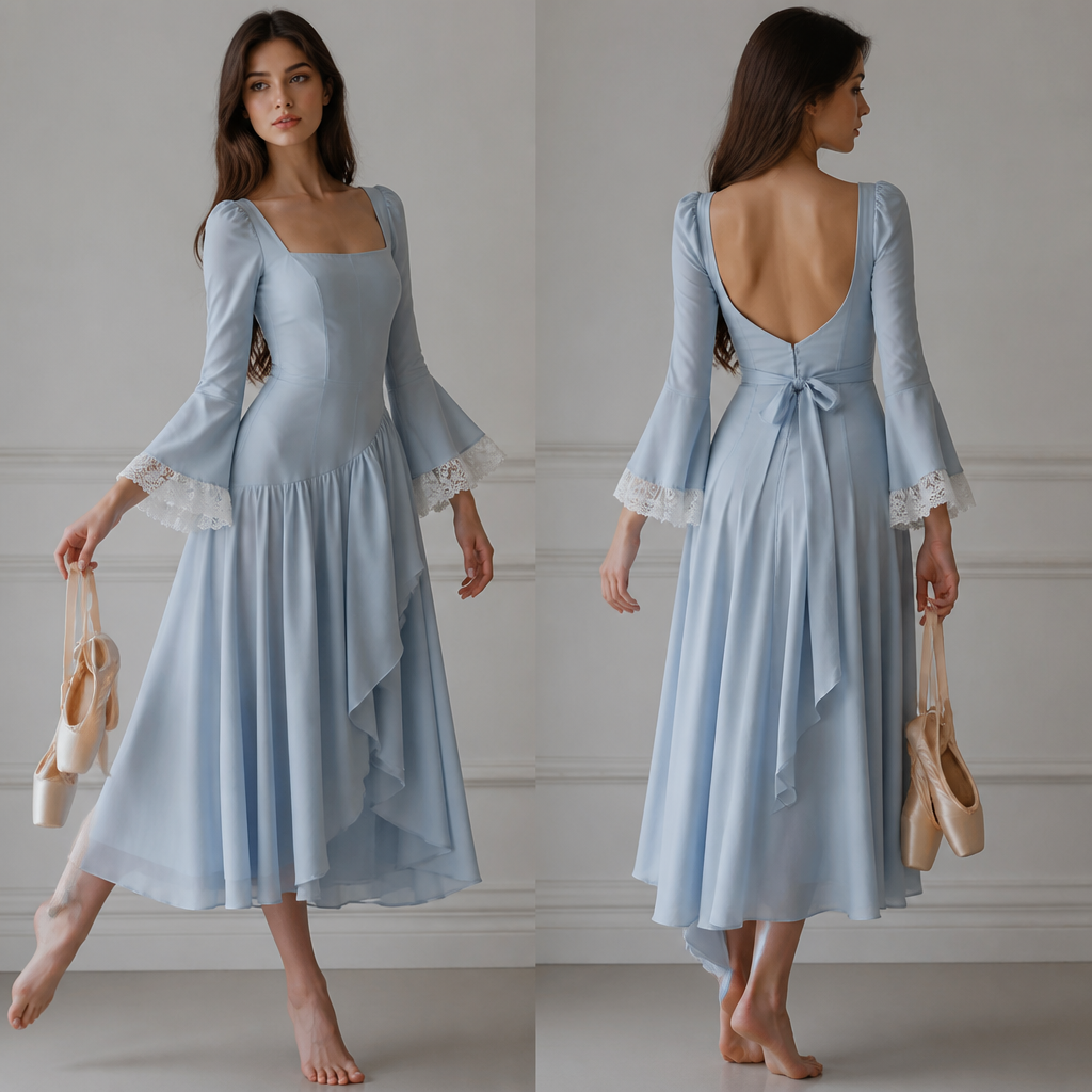 A pastel blue dress with white lace cuffs at the end of the sleeves and the girl has long, flowy straight dark brown hair and hazel eyes and is holding pointe shoes barefoot and she is in a fancy, elegant ballet pose
photorealistic fashion design, A pastel blue dress with white lace cuffs at the end of the sleeves and the girl has long, flowy straight dark brown hair and hazel eyes and is holding pointe shoes barefoot and she is in a fancy, elegant ballet pose, balletcore style, just the design no text, show front and back