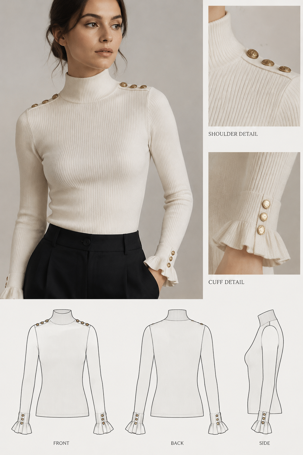 Pullover with a high neck, more fitted to body. buttons on the shoulders, and ruffles and buttons at the cuffs.
Pullover with a high neck, more fitted to body. buttons on the shoulders, and ruffles and buttons at the cuffs.