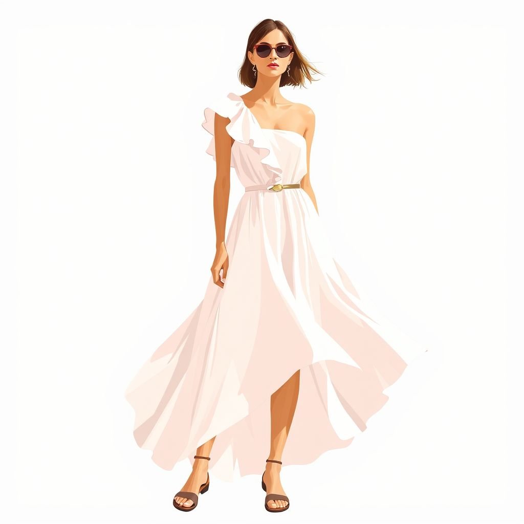 שמלת קיץ בהשראת מותגי על פשוטה קלילה מאוד
Design a breezy summer dress inspired by high-end brands, featuring a minimalist silhouette. Think soft, flowing fabrics in pastel hues, with delicate, asymmetrical ruffles cascading from one shoulder. Accentuate the waist with a thin, metallic belt, and pair with strappy sandals for an effortlessly chic look perfect for warm, sun-soaked days.