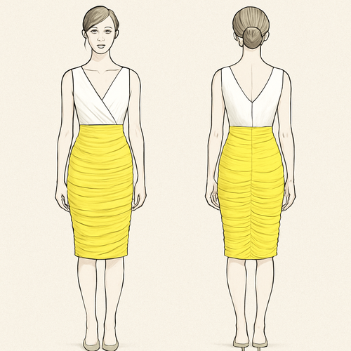 Create a lemon yellow ruched bottom half and  white top half dress with a v neck 