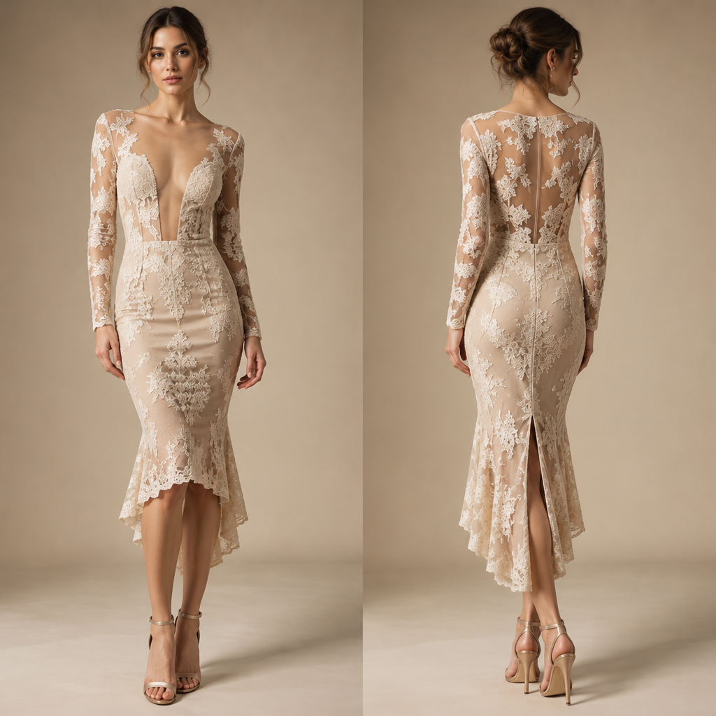 A Female Dress design, suitable for Spring. vestido con escote hasta el ombligo, con microtul color piel en medio, mangas largas de encaje. falda ajustada hasta la rodilla y con una leve soltura al final en bajada hacia atrás con tajo atrás. Argentina fashion aesthetics. Present it as professional fashion catalogue photography: the garment is the subject, shown full-length with editorial styling, neutral posing and tasteful, non-suggestive framing.
photorealistic fashion design, A Female Dress design, suitable for Spring. vestido con escote hasta el ombligo, con microtul color piel en medio, mangas largas de encaje. falda ajustada hasta la rodilla y con una leve soltura al final en bajada hacia atrás con tajo atrás. Argentina fashion aesthetics. Present it as professional fashion catalogue photography: the garment is the subject, shown full-length with editorial styling, neutral posing and tasteful, non-suggestive framing., just the design no text