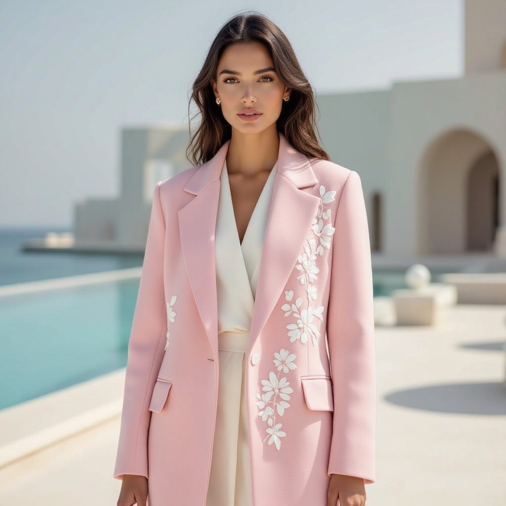 Long Abaya Blazer Design – Formal & Elegant • Outer Fabric: Worsted Wool (Super Wool) in a baby pink shade (very soft light pink). • Offers a subtle refined sheen with a straight, elegant structure that enhances the blazer style. • Inner Lining: Bemberg Rayon in light beige or pastel pink for added comfort and smoothness. • Key Details: • A-Line cut flowing gracefully from shoulder to floor. • Slim feminine blazer lapel with clean, neat finishing. • Hidden inner closure to keep the focus on the outer design and embroidery. • Back design: Kept plain and minimal, with a small slit at the center back hem, emphasizing the blazer character while allowing ease of movement. • Embroidery: • Crafted in delicate off-white raised stitching. • Placement: Starting from the right shoulder, flowing down along the side of the chest, extending seamlessly to mid-waist. • Pattern: Elegant floral and leaf motifs in raised embroidery, adding a refined feminine touch without overwhelming the formal character. • Subtle accents in very light golden threads can be added for a luminous effect under lighting. ⸻ ✨ Result: A baby pink abaya blazer with refined off-white side embroidery, plain back with a subtle slit, designed to blend formality, luxury, and feminine softness — perfect for occasions and business gatherings. Haute Couture fashion: Baby pink wool abaya blazer, A-line, with a slim lapel. Hidden front closure. Off-white raised floral embroidery from shoulder to mid-waist, with subtle gold accents. Plain back with a small hem slit.
Minimalist fashion: Baby pink wool abaya blazer, A-line cut, with slim lapel. Hidden front closure. Off-white raised floral embroidery from shoulder to mid-waist. Plain back with a small hem slit.