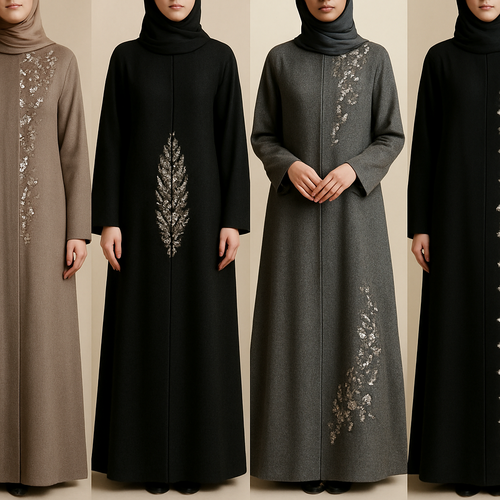 Create a modest abaya that's the first of its kind, featuring a unique stone design that exudes a classy and sophisticated vibe. I'd like four designs, each showcasing different styles and fabrics.
Incorporate high-end, unique chic stone designs to make them truly special. Add a little sophisticated stone work to it.