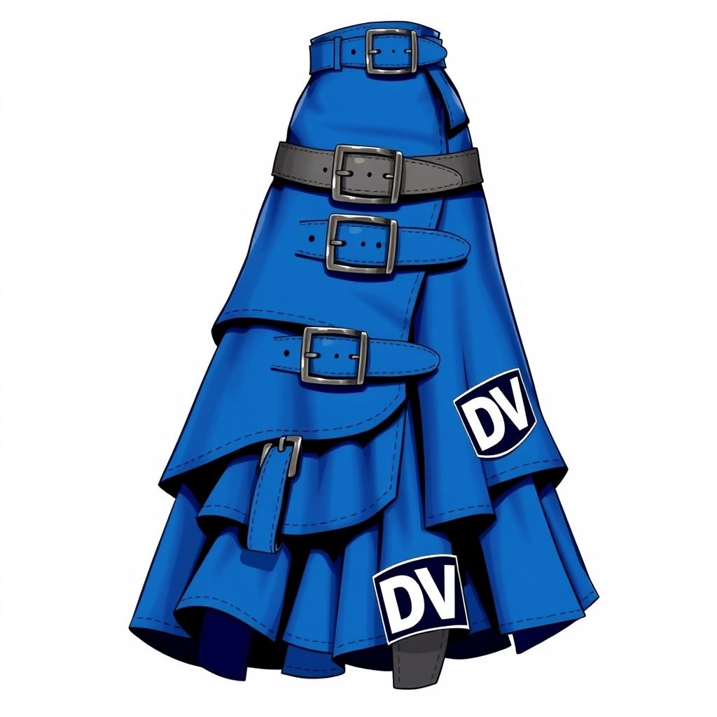 Create me a midi, blu layered skirt, with cut outs, with another layer under it..Put belt buckles on it. Put DV on it. Make it unique and different. Make sure the cut out parts have another layer under, so no skin is showing
Design a striking midi skirt in a vivid blue, featuring a bold layered structure with edgy cut-outs accented by contrasting underlayers for a peek-a-boo effect that maintains modesty. Incorporate oversized belt buckles for an industrial touch and embellish the skirt with bold DV logo graphics, infusing urban streetwear flair into this eye-catching piece.