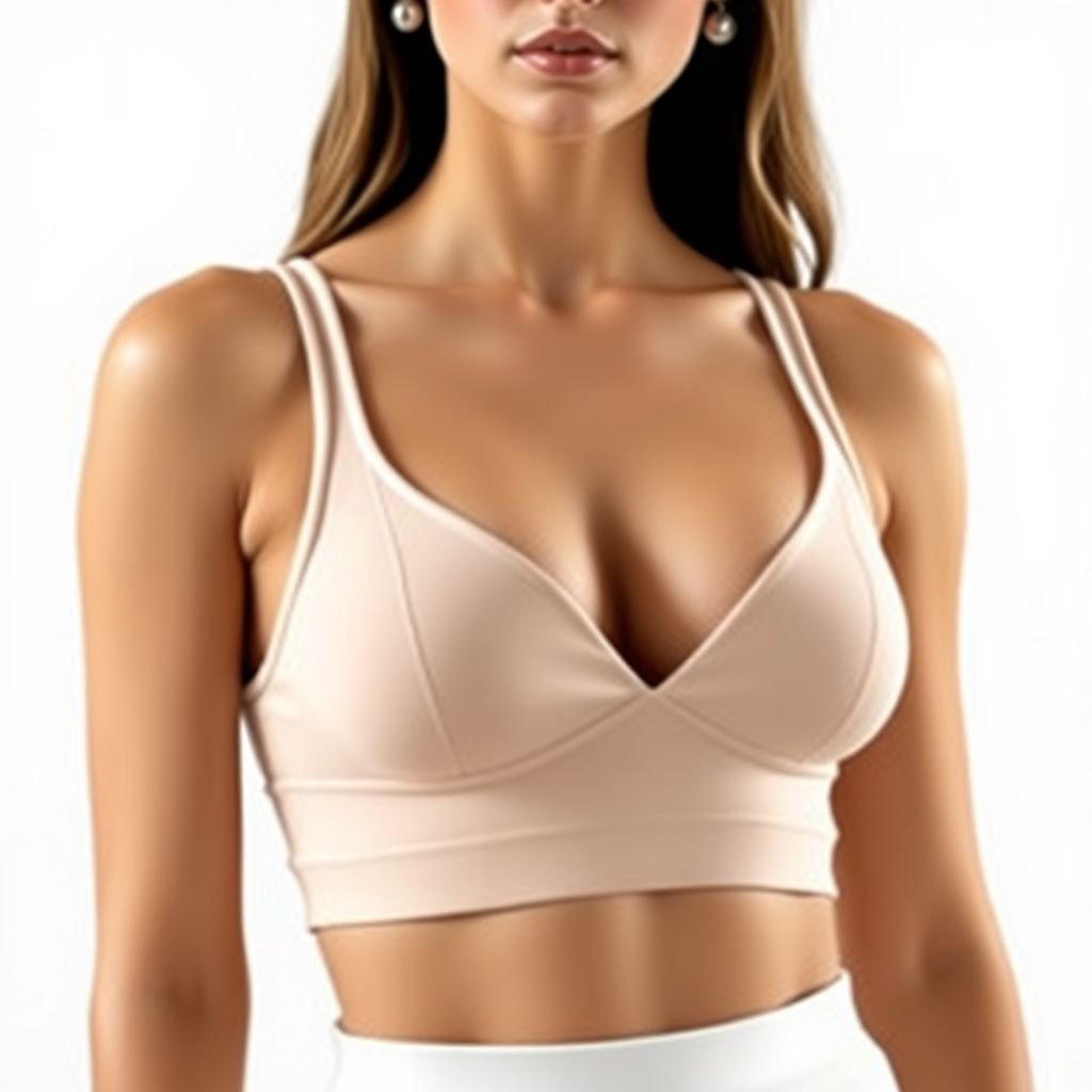 No lase. More cleavage minimal. Simple. The rubber smallest. Top bra! Sport !!minimal top bra less fabric. Bra!
Design a classic fashion ensemble featuring a refined, minimalistic approach. Emphasize a timeless silhouette with a sleek, tailored top bra that offers subtle elegance, showcasing modest cleavage. Use exquisite rubber details for added texture, ensuring a streamlined look. Consider a neutral palette to maintain sophistication while exuding sporty charm in a minimalist fashion.
