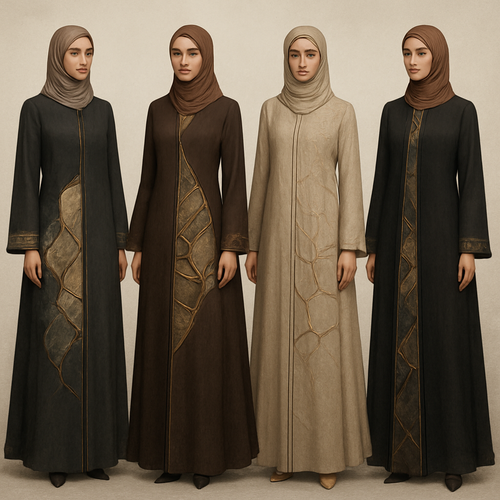 Create a modest abaya that's the first of its kind, featuring a unique stone design that exudes a classy and sophisticated vibe. I'd like four designs, each showcasing different styles and fabrics.
Incorporate high-end, unique chic stone designs to make them truly special. Add a little sophisticated stone work to it.