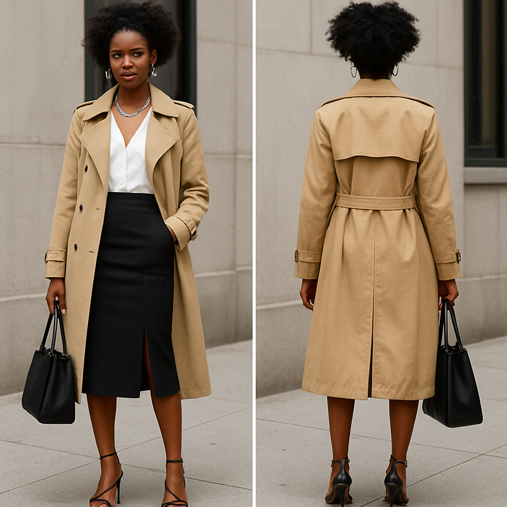 Black woman
White blouse
Beige trench coat
Pencil skirt
Silver jewelry thing high
String heels
Big Black purse
Black woman
White blouse
Beige trench coat
Pencil skirt
Silver jewelry thing high
String heels
Big Black purse
, streetwear style, show front and back