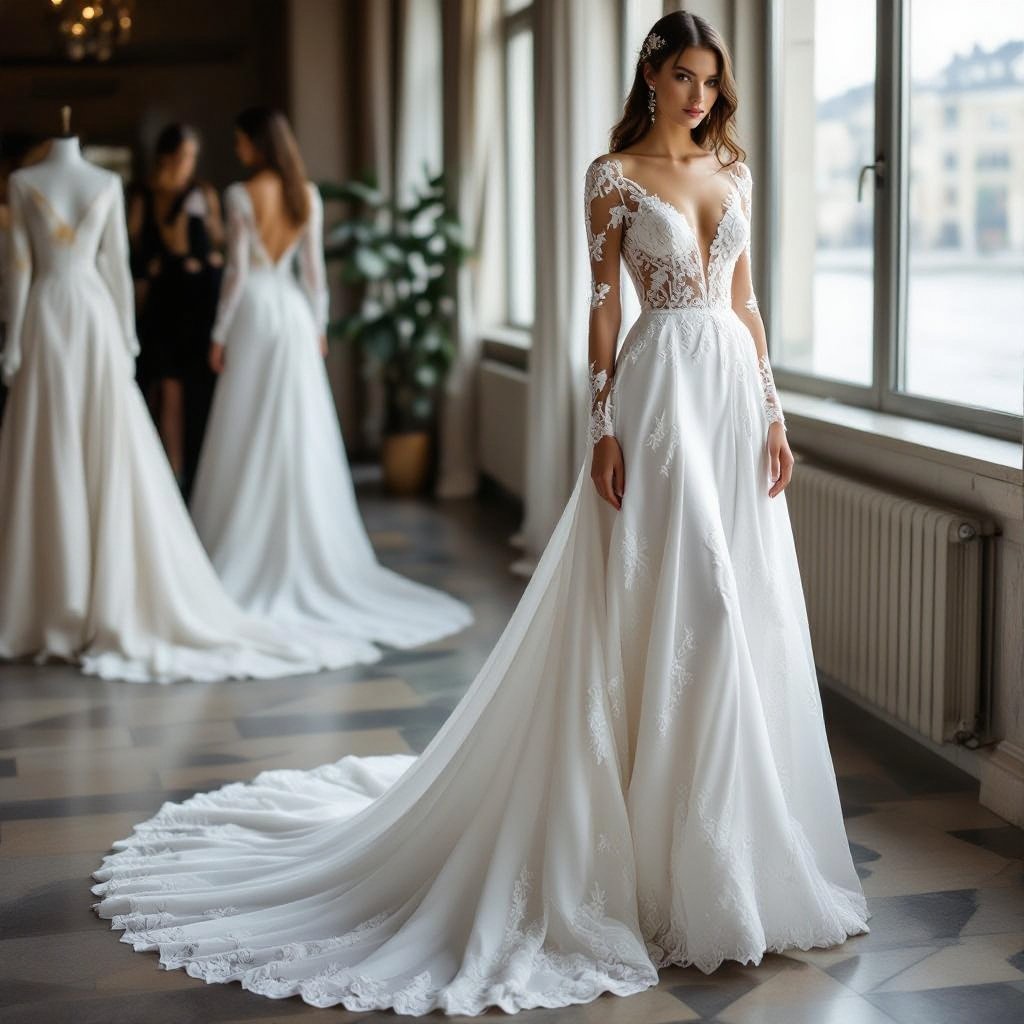 Wedding dress from narnia
Floral fashion: Wedding dress, white silk, floor-length, with subtle floral lace overlay, long sleeves, and a flowing train.
