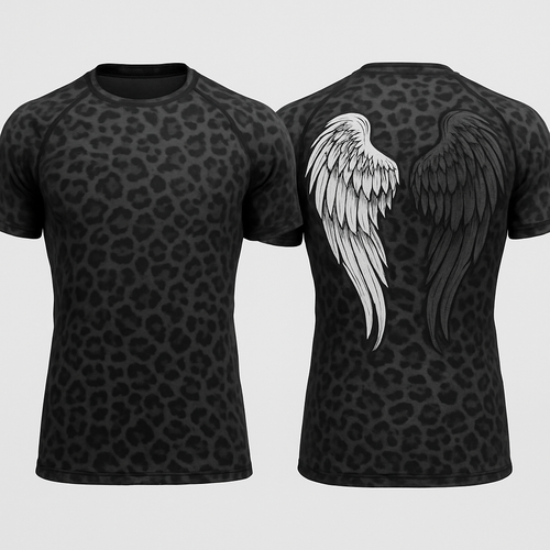 Black base short sleeve compression jujitsu rash guard shirt. 2 angle wings on the back, one white and the other dark gray. Make the wings kinda form a shape of a heart without making it too obnoxious so the wings look natural still 

Little less of a heart shape and make the wings come down almost to the bottom of the shirt 

 Can you make the shirt a black and gray cheetah print 
