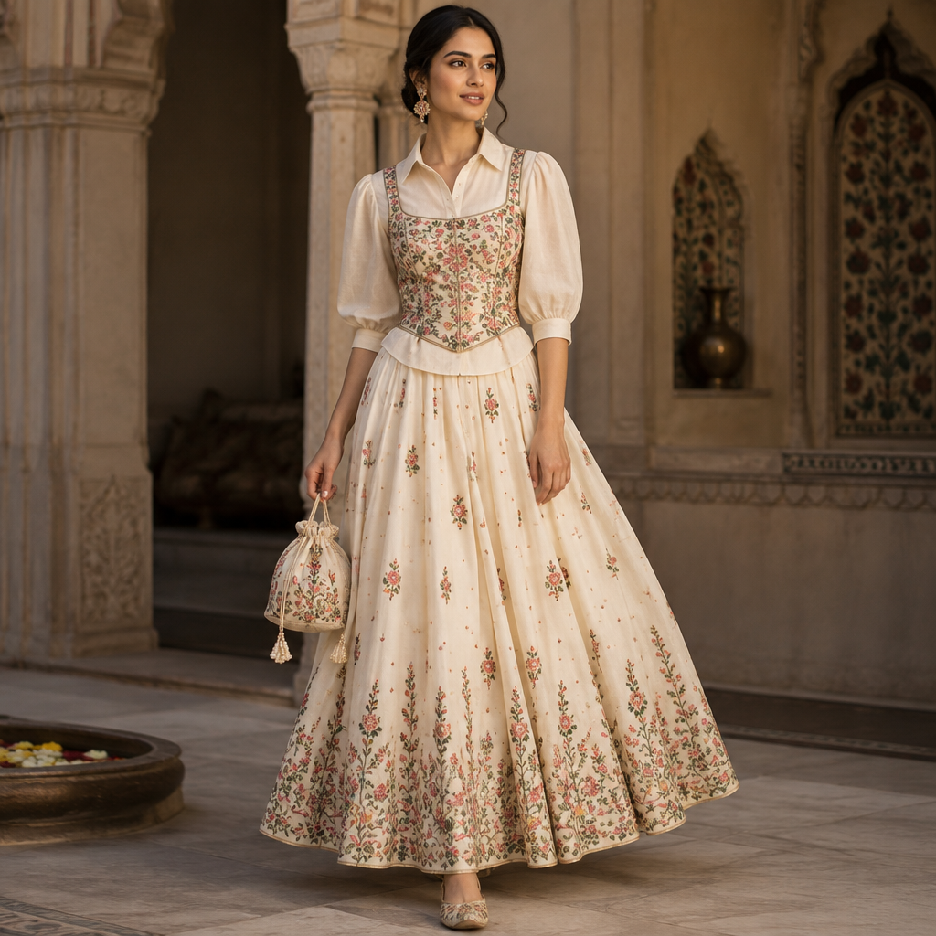 photorealistic fashion design, A Dress design, suitable for Fall, in Cultural style. a model is wearing a cream colored shirt and a floral embroidered cream colored long skirt and she wear a corset floral top over the shirt ,she wear Jutti and there is a Potli bag in her hand. India fashion aesthetics. Present it as professional fashion catalogue photography: the garment is the subject, shown full-length with editorial styling, neutral posing and tasteful, non-suggestive framing., cultural style, just the design no text. Refinement: make the sleeves 3/4 and puffer
photorealistic fashion design, photorealistic fashion design, A Dress design, suitable for Fall, in Cultural style. a model is wearing a cream colored shirt and a floral embroidered cream colored long skirt and she wear a corset floral top over the shirt ,she wear Jutti and there is a Potli bag in her hand. India fashion aesthetics. Present it as professional fashion catalogue photography: the garment is the subject, shown full-length with editorial styling, neutral posing and tasteful, non-suggestive framing., cultural style, just the design no text. Refinement: make the sleeves 3/4 and puffer , just the design no text