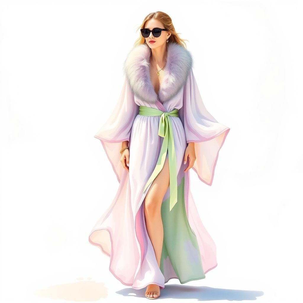 long flowy silk caftan, light and airy. long oversized sleeves with a silk sash and fur trim on the neckline. the silk is hand painted in shades of lilac, pink and sage green
Design a luxurious resort-ready ensemble featuring a long, flowy silk caftan that captures the essence of sun-soaked days. This ethereal piece boasts oversized sleeves that billow with elegance, a silk sash cinching the waist, and a plush fur-trimmed neckline. Hand-painted in dreamy lilac, soft pink, and fresh sage green hues, it embodies effortless sophistication for beachside soirées.