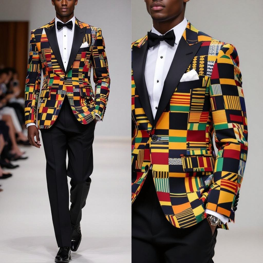 I want a suit with trouser using Ghanaian kente
Ghanaian kente suit, expertly tailored with a slim-fit trouser, featuring a classic two-button jacket and sharp notch lapels.