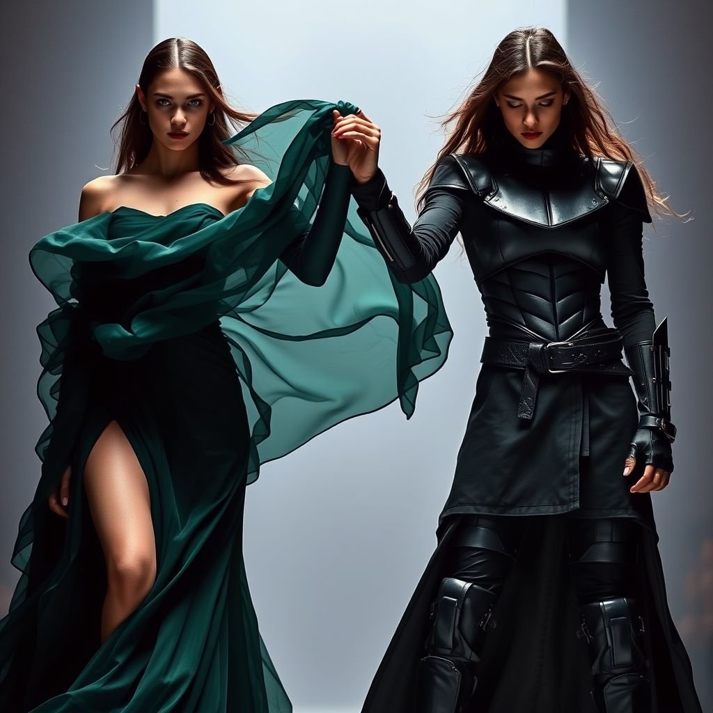 Dark emerald green with 2 ppl fighting
Envision a dramatic high-fashion runway ensemble featuring a dark emerald green flowing gown that transforms into a contemporary armor-like bodice. Two models, locked in a fierce yet elegant duel, showcase contrasting styles—one draped in ethereal layers while the other embodies edgy streetwear. Textures intertwine, creating a striking visual narrative of power and grace.
