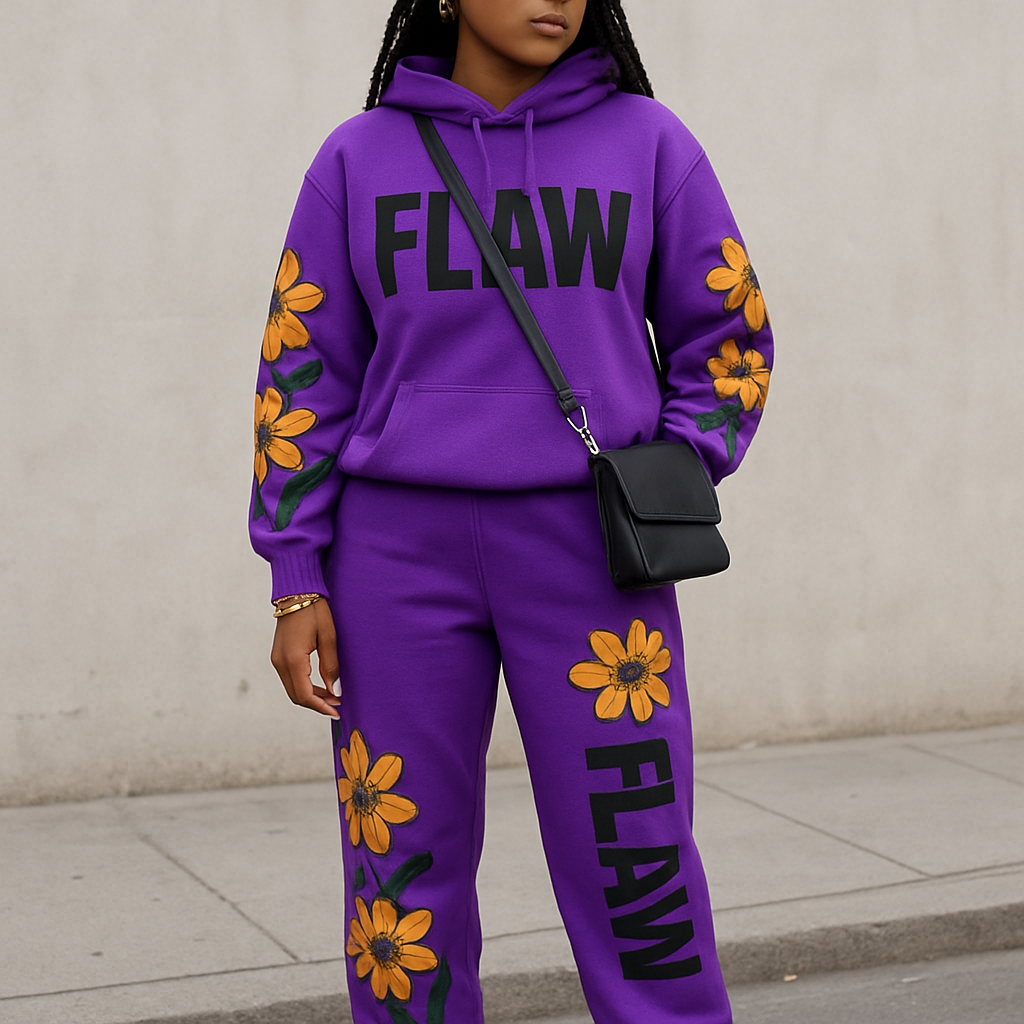 Purple jogging suit hoodie with bold words Flaw on it in Black braids gold hoop earrings and gold bracelet flowers on the sleeves and pants Flaw going down on the pants Black cross body purse and black nike shoes
Purple jogging suit hoodie with bold words Flaw on it in Black braids gold hoop earrings and gold bracelet flowers on the sleeves and pants Flaw going down on the pants Black cross body purse and black nike shoes , streetwear style