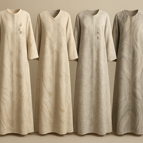 Create a modest two-piece linen abaya, the first of its kind, featuring a unique stone design that exudes a classy and sophisticated vibe. I’d like four designs, each showcasing different styles and fabrics. Incorporate high-end, unique chic stone designs to make them truly special. Add little sophisticated stone designs.