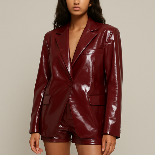 Deep burgundy vinyl short shorts
Matching oversized blazer
Make shorts sit lower on waist
Make blazer longer
Change material to pvc