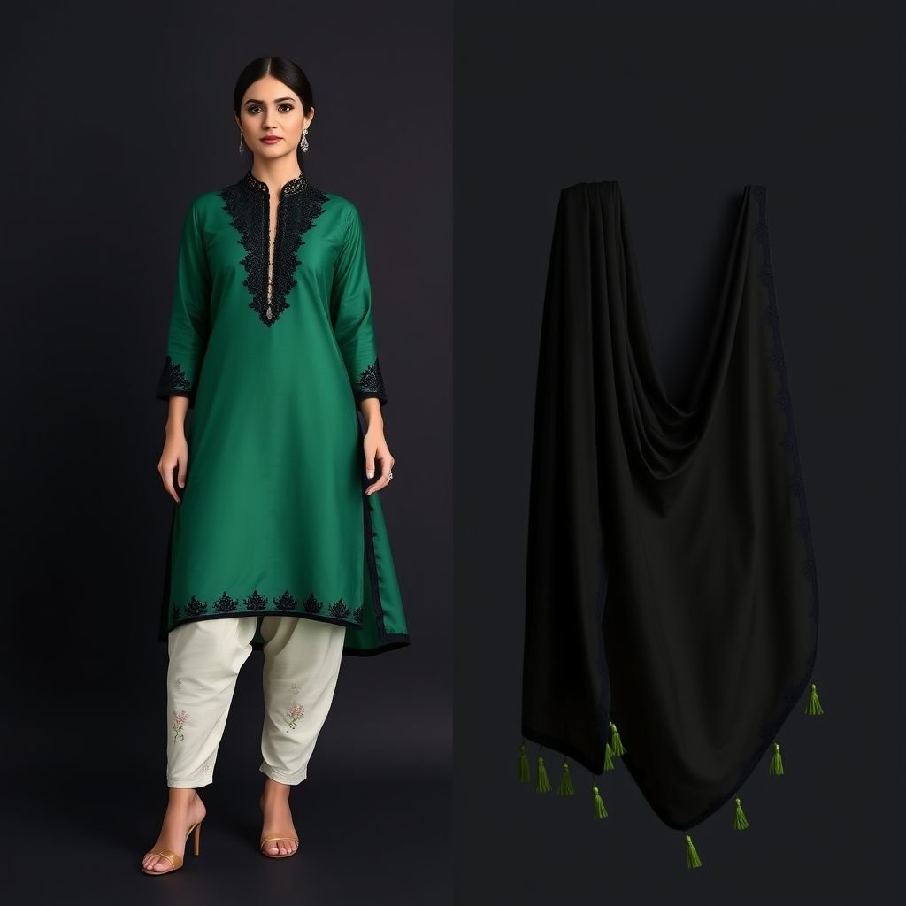 Salwar suit with green , black and offwhite
Design an elegant salwar suit featuring a rich emerald green silk kurta adorned with intricate black lace detailing along the neckline and cuffs. The flowing off-white churidar pants are embellished with subtle floral embroidery, while a lightweight black dupatta drapes gracefully, completed with delicate green tassels adding a vibrant touch.