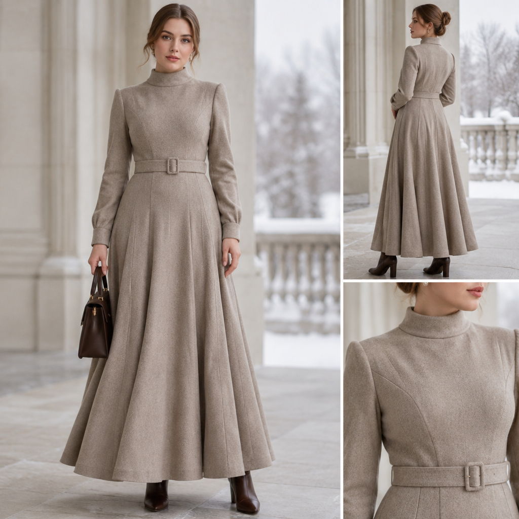 A Female Dress design, made of Wool, with a light, flowing drape, with a Tailored silhouette, with modest, full coverage: longer hemlines, higher necklines and covered shoulders, in a Neutrals color palette, suitable for Winter, suited to a Cold climate, in Formal style, shown on a model with fair skin and a curvy figure. LB fashion aesthetics. Present it as professional fashion catalogue photography: the garment is the subject, shown full-length with editorial styling, neutral posing and tasteful, non-suggestive framing.
photorealistic fashion design, A Female Dress design, made of Wool, with a light, flowing drape, with a Tailored silhouette, with modest, full coverage: longer hemlines, higher necklines and covered shoulders, in a Neutrals color palette, suitable for Winter, suited to a Cold climate, in Formal style, shown on a model with fair skin and a curvy figure. LB fashion aesthetics. Present it as professional fashion catalogue photography: the garment is the subject, shown full-length with editorial styling, neutral posing and tasteful, non-suggestive framing., formal style, just the design no text