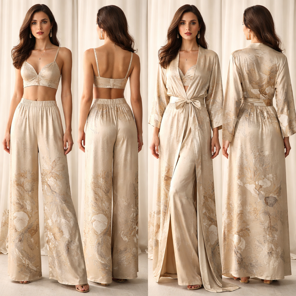 Kimono, three pieces, top/bra plus soft pants, and kimono dress
Sofisticate, elegant, effortless
Kimono, three pieces, top/bra plus soft pants, and kimono dress
Sofisticate, elegant, effortless
, show front and back