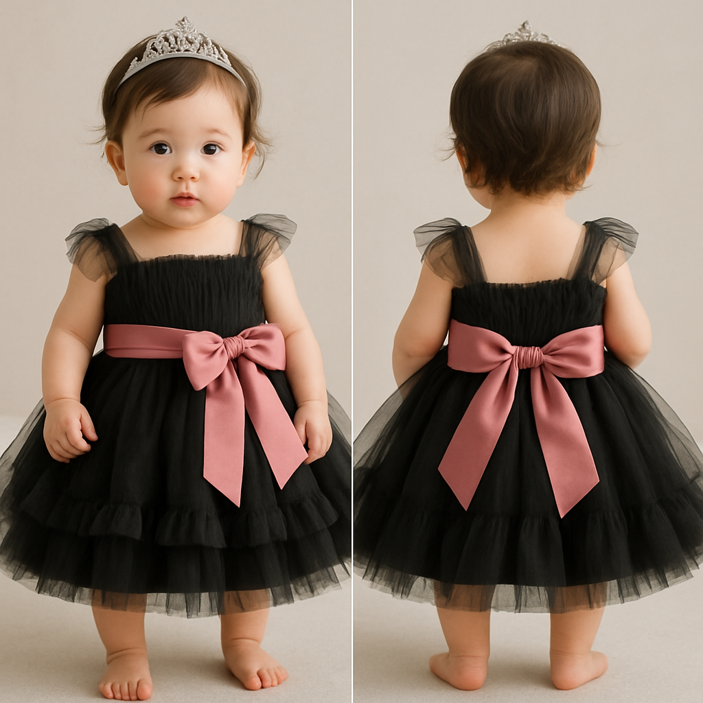 1歳の女の子のベビードレス着用画
黒のチュールドレス、膝丈のラッフルスカート(ボリューミー)
上半身は、細かいギャザーを寄せたベアトップのチュールのボディス
その上から同一色のチュールショルダーラップ
胸下の切り返しにローズピンクのサテン生地の太めのリボンを前から一周巻いて、真ん中ではなく、左前あたりで大きくリボン縛り
リボンの結び目は前
頭には派手すぎないシルバーのティアラ
1歳の女の子のベビードレス着用画
黒のチュールドレス、膝丈のラッフルスカート(ボリューミー)
上半身は、細かいギャザーを寄せたベアトップのチュールのボディス
その上から同一色のチュールショルダーラップ
胸下の切り返しにローズピンクのサテン生地の太めのリボンを前から一周巻いて、真ん中ではなく、左前あたりで大きくリボン縛り
リボンの結び目は前
頭には派手すぎないシルバーのティアラ, show front and back