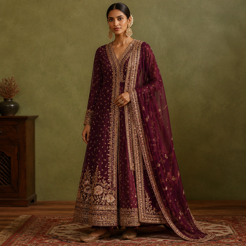 A Female Dress design, suitable for Fall. Consider Indian fashion aesthetics — consider saree, lehenga, salwar kameez, kurti, anarkali; local fabrics like chanderi, banarasi, chikankari, block prints; vibrant colors and rich embroidery. Current season is Autumn in India. Present it as professional fashion catalogue photography: the garment is the subject, shown full-length with editorial styling, neutral posing and tasteful, non-suggestive framing.
photorealistic fashion design, A Female Dress design, suitable for Fall. Consider Indian fashion aesthetics — consider saree, lehenga, salwar kameez, kurti, anarkali; local fabrics like chanderi, banarasi, chikankari, block prints; vibrant colors and rich embroidery. Current season is Autumn in India. Present it as professional fashion catalogue photography: the garment is the subject, shown full-length with editorial styling, neutral posing and tasteful, non-suggestive framing., just the design no text