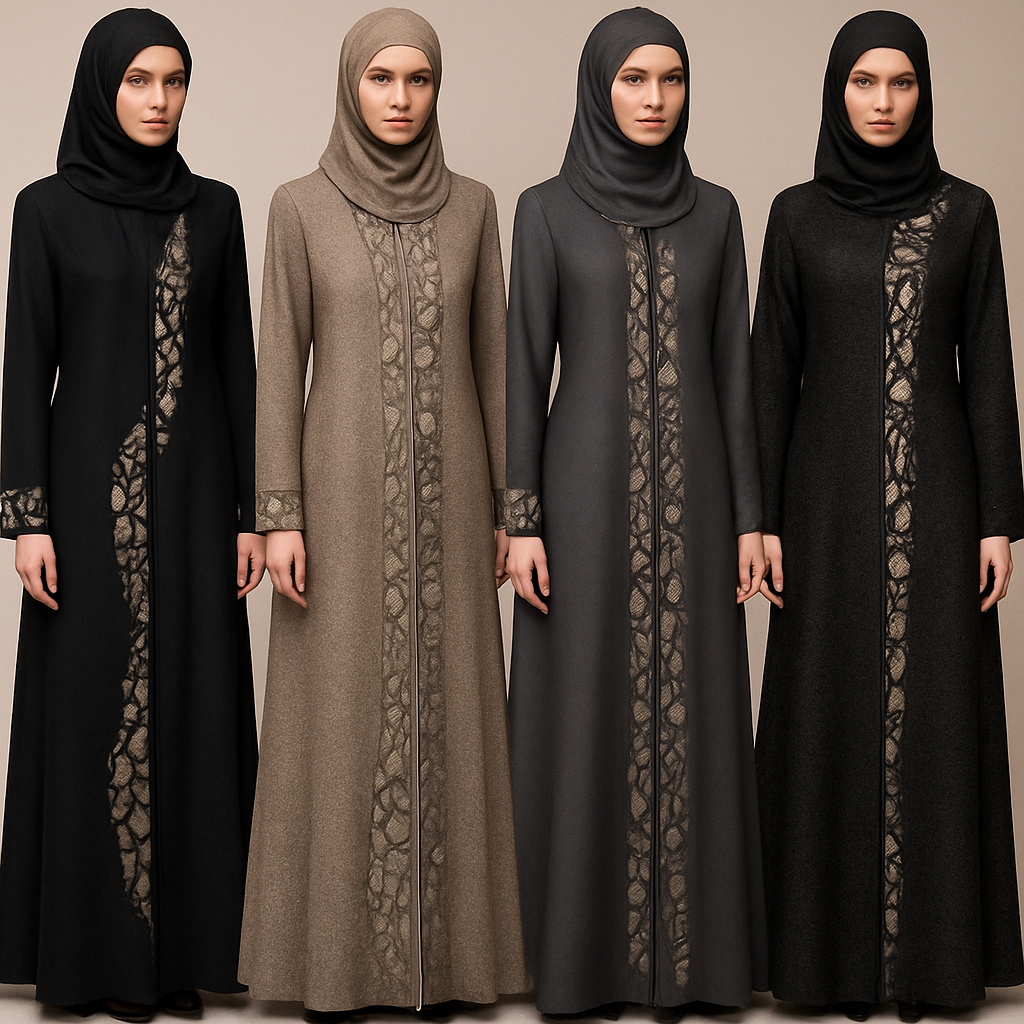 Create a modest abaya that's the first of its kind, featuring a unique stone design that exudes a classy and sophisticated vibe. I'd like four designs, each showcasing different styles and fabrics.
Incorporate high-end, unique chic stone designs to make them truly special. Add a little sophisticated stone work to it.
Create a modest abaya that's the first of its kind, featuring a unique stone design that exudes a classy and sophisticated vibe. I'd like four designs, each showcasing different styles and fabrics.
Incorporate high-end, unique chic stone designs to make them truly special. Add a little sophisticated stone work to it.