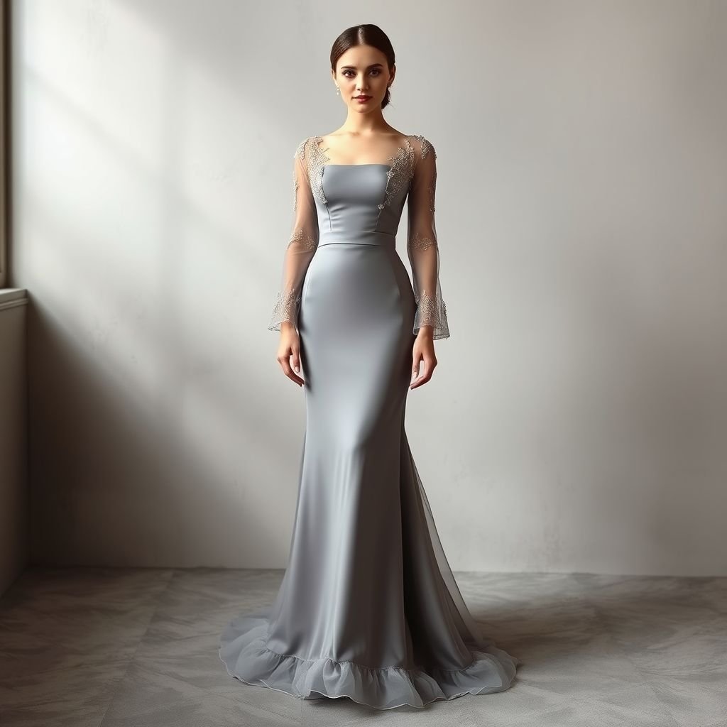 A grey long dress which is flowy from the end and lays down on the ground. The sleeves should be long of net with embroidery. The dress should be embellished but not as much minimaslist type. The bottom of the dress should be of organza frill. The neck should be square shaped. And the frill should be only one at the end. The dress should be straight and body shaped.
Design a sophisticated formal gown in a soft grey hue, cascading elegantly to the floor. Feature long, sheer net sleeves adorned with delicate embroidery that evoke elegance. The dress, embellished tastefully yet minimally, will showcase a fitted silhouette, while the square neckline enhances refinement. The sole organza frill at the hem adds a graceful touch, ensuring a timelessly chic appearance.