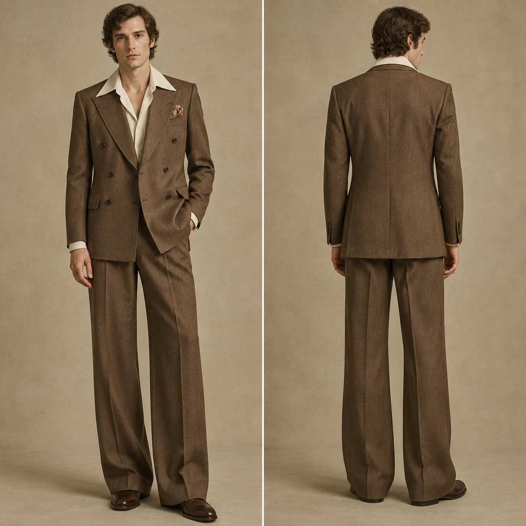 A Male Top design, with a light, flowing drape, with a Tailored silhouette, styled in layers, for Wedding, suitable for Fall, in Vintage + Classic + Casual style, shown on a model with fair skin and a slim figure. I want the suit to have a vintage 1970s-inspired silhouette with a clean, elegant finish. Please make the jacket double-breasted with broad, slightly pointed peak lapels, a structured shoulder, and a slightly fitted shape through the chest and waist without making it overly slim. Keep the jacket slightly longer, with two rows of buttons, flap pockets, and classic tailoring proportions. The shirt should have a wide, open spread collar, worn casually without a tie, with the collar sitting naturally over the jacket lapels. The trousers should be high-waisted with a relaxed, straight-to-wide leg, generous room through the thigh, and a full length with a slight break over the shoes. Overall, I want the proportions and construction to feel suave, masculine, dramatic and distinctly 1970s, rather than contemporary slim-fit tailoring. Present it as professional fashion catalogue photography: the garment is the subject, shown full-length with editorial styling, neutral posing and tasteful, non-suggestive framing.
photorealistic fashion design, A Male Top design, with a light, flowing drape, with a Tailored silhouette, styled in layers, for Wedding, suitable for Fall, in Vintage + Classic + Casual style, shown on a model with fair skin and a slim figure. I want the suit to have a vintage 1970s-inspired silhouette with a clean, elegant finish. Please make the jacket double-breasted with broad, slightly pointed peak lapels, a structured shoulder, and a slightly fitted shape through the chest and waist without making it overly slim. Keep the jacket slightly longer, with two rows of buttons, flap pockets, and classic tailoring proportions. The shirt should have a wide, open spread collar, worn casually without a tie, with the collar sitting naturally over the jacket lapels. The trousers should be high-waisted with a relaxed, straight-to-wide leg, generous room through the thigh, and a full length with a slight break over the shoes. Overall, I want the proportions and construction to feel suave, masculine, dramatic and distinctly 1970s, rather than contemporary slim-fit tailoring. Present it as professional fashion catalogue photography: the garment is the subject, shown full-length with editorial styling, neutral posing and tasteful, non-suggestive framing., vintage style, just the design no text, show front and back