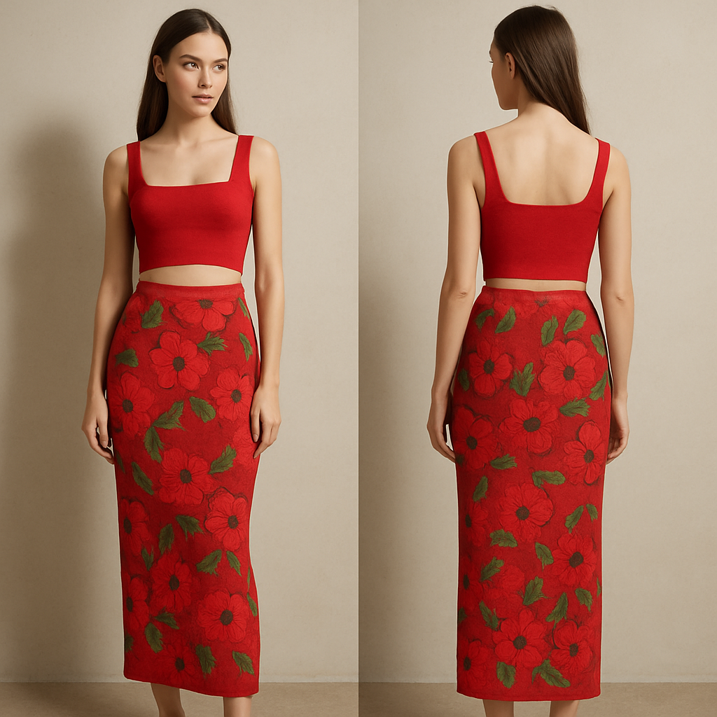 Red crop Top and long skinny skirt with red flowers. Add green leaves
Make it realistic
Red crop Top and long skinny skirt with red flowers. Add green leaves
Make it realistic , show front and back