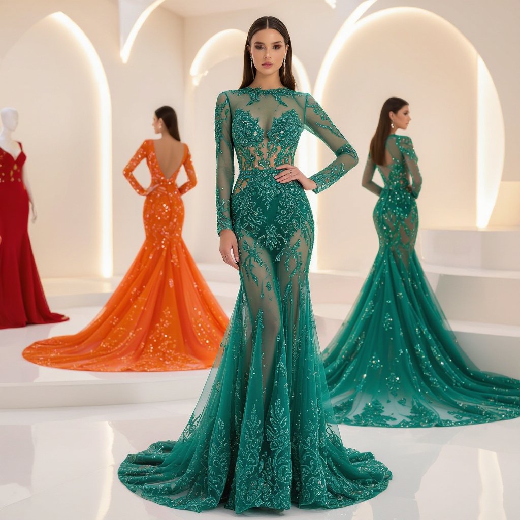 A haute couture evening gown designed on a foundation of skin-toned sheer mesh, creating the illusion of bare skin beneath. The gown is highly intricate, with masterful embroidery and embellishments. Crystals in radiant teal and fiery orange cascade across the body, symbolizing the merging of sunset and sky. The embellishments glimmer like constellations, strategically placed to accentuate curves and create a sensual, yet elegant silhouette. The design is bold, daring, and unapologetically sexy, with couture-level craftsmanship. The gown hugs the figure like liquid light, with dramatic detailing and a balance of allure and sophistication—perfect for a high-fashion runway or red carpet
**A haute couture evening gown of sheer mesh, **embroidered with crystals in radiant teal and fiery orange. This mermaid-cut gown features a high neckline and long sleeves, with the embellishments strategically placed to enhance the silhouette. It's a bold, elegant design, perfect for the red carpet.
