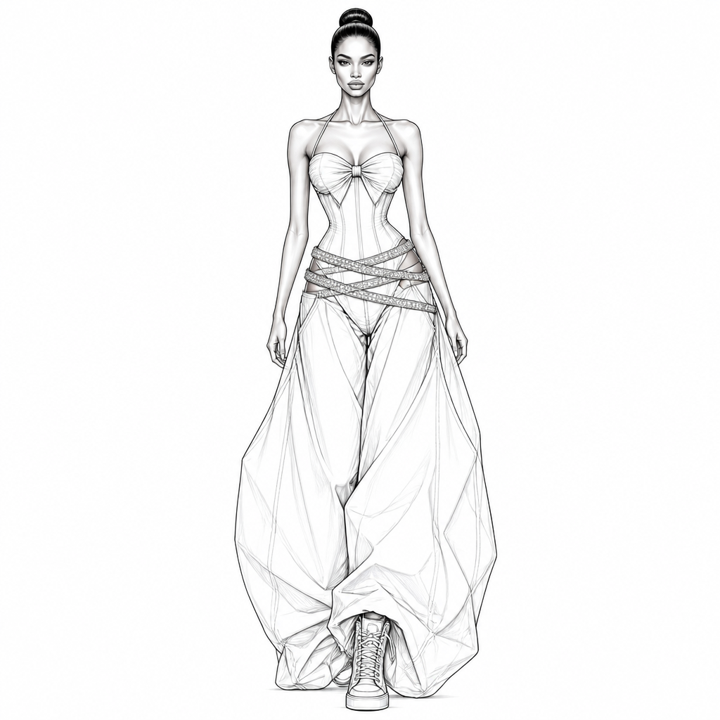 A Female fashion design. FASHION DESIGN NOTE
Female fashion croquis in a runway walking pose with an exaggerated hourglass silhouette, tiny waist, long legs, and a sleek high bun hairstyle.
TOP:
A fitted halter-neck corset top. Two thin straps rise from the outer bust and connect behind the neck. The bust is formed by a large symmetrical bow made from gathered fabric. The bow has a tight center knot with visible pleating radiating outward on both sides. The neckline creates a soft sweetheart shape. The bodice is skin-tight and heavily waist-cinching, ending just above the hips.
WAIST DETAIL:
Three separate crystal-studded belts wrap diagonally around the low hip area. The belts overlap each other, creating an asymmetrical layered sash effect. Each belt is fully covered in small rhinestone embellishments.
BOTTOM:
The base is a high-cut fitted bodysuit. Attached beneath the crystal hip belts are extremely oversized baggy trousers. The legs are very wide, dramatic, and voluminous, creating a baggy pant vibes. it starts from the waist
FOOTWEAR:
High-top lace-up sneakers with a rounded toe and slightly chunky sole. The sneakers are visible beneath the open-front trousers.
AESTHETIC:
Luxury streetwear, Y2K glamour, runway couture, feminine but edgy, rebellious baddie fashion, sporty-meets-glamorous styling. Clean fashion illustration, black line art, professional fashion sketch, white background, minimal shading, highly detailed garment construction.
IMPORTANT:
Keep the bow exactly centered on the bust, keep the three rhinestone belts overlapping diagonally on the hips, keep the trousers extremely baggy and floor-length, and keep the high-top sneakers visible. Maintain the exact proportions and silhouette of a professional fashion croquis.. Nigeria fashion aesthetics. Design with modest coverage.
photorealistic fashion design, A Female fashion design. FASHION DESIGN NOTE
Female fashion croquis in a runway walking pose with an exaggerated hourglass silhouette, tiny waist, long legs, and a sleek high bun hairstyle.
TOP:
A fitted halter-neck corset top. Two thin straps rise from the outer bust and connect behind the neck. The bust is formed by a large symmetrical bow made from gathered fabric. The bow has a tight center knot with visible pleating radiating outward on both sides. The neckline creates a soft sweetheart shape. The bodice is skin-tight and heavily waist-cinching, ending just above the hips.
WAIST DETAIL:
Three separate crystal-studded belts wrap diagonally around the low hip area. The belts overlap each other, creating an asymmetrical layered sash effect. Each belt is fully covered in small rhinestone embellishments.
BOTTOM:
The base is a high-cut fitted bodysuit. Attached beneath the crystal hip belts are extremely oversized baggy trousers. The legs are very wide, dramatic, and voluminous, creating a baggy pant vibes. it starts from the waist
FOOTWEAR:
High-top lace-up sneakers with a rounded toe and slightly chunky sole. The sneakers are visible beneath the open-front trousers.
AESTHETIC:
Luxury streetwear, Y2K glamour, runway couture, feminine but edgy, rebellious baddie fashion, sporty-meets-glamorous styling. Clean fashion illustration, black line art, professional fashion sketch, white background, minimal shading, highly detailed garment construction.
IMPORTANT:
Keep the bow exactly centered on the bust, keep the three rhinestone belts overlapping diagonally on the hips, keep the trousers extremely baggy and floor-length, and keep the high-top sneakers visible. Maintain the exact proportions and silhouette of a professional fashion croquis.. Nigeria fashion aesthetics. Design with modest coverage., just the design no text