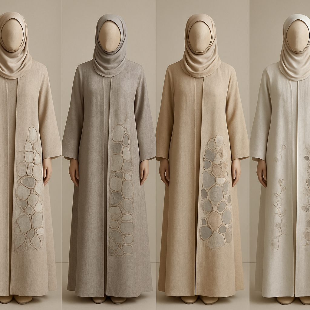 Create a modest two-piece linen abaya, the first of its kind, featuring a unique stone design that exudes a classy and sophisticated vibe. I’d like four designs, each showcasing different styles and fabrics. Incorporate high-end, unique chic stone designs to make them truly special. Add little sophisticated stone designs.

Create a modest two-piece linen abaya, the first of its kind, featuring a unique stone design that exudes a classy and sophisticated vibe. I’d like four designs, each showcasing different styles and fabrics. Incorporate high-end, unique chic stone designs to make them truly special. Add little sophisticated stone designs.