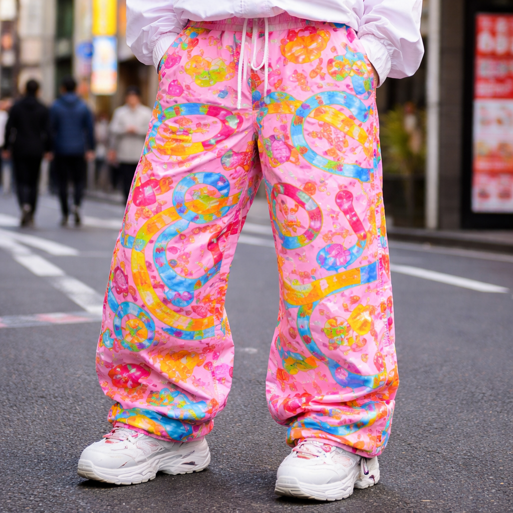 neon candy land board game themed ski pants
Japanese Street fashion design: Loose, wide-leg ski pants in shiny nylon. Neon pink, orange, and blue candy land board game pattern. Relaxed fit, slightly oversized.