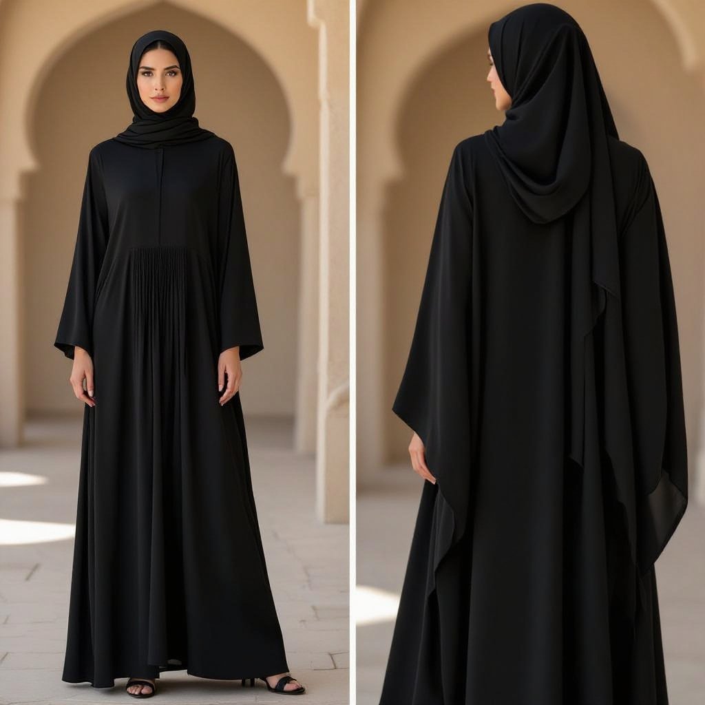 Design a dress that symbolizes the pain and suffering of a woman. With Islamic clothing
Design an Islamic dress, long and flowing, in somber black silk crepe. The dress features a modest, relaxed silhouette with long sleeves and a high neckline. Simple pleats at the waist add subtle drape, while a plain, wide-hemmed abaya style conveys a sense of burden and gravity.