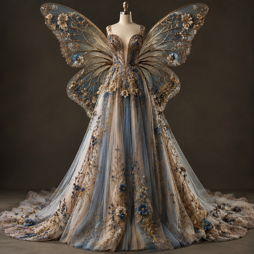A long flowing dress with a butterfly behind it and it’s embroidered in sections and beaded
photorealistic fashion design, A long flowing dress with a butterfly behind it and it’s embroidered in sections and beaded
, just the design no text