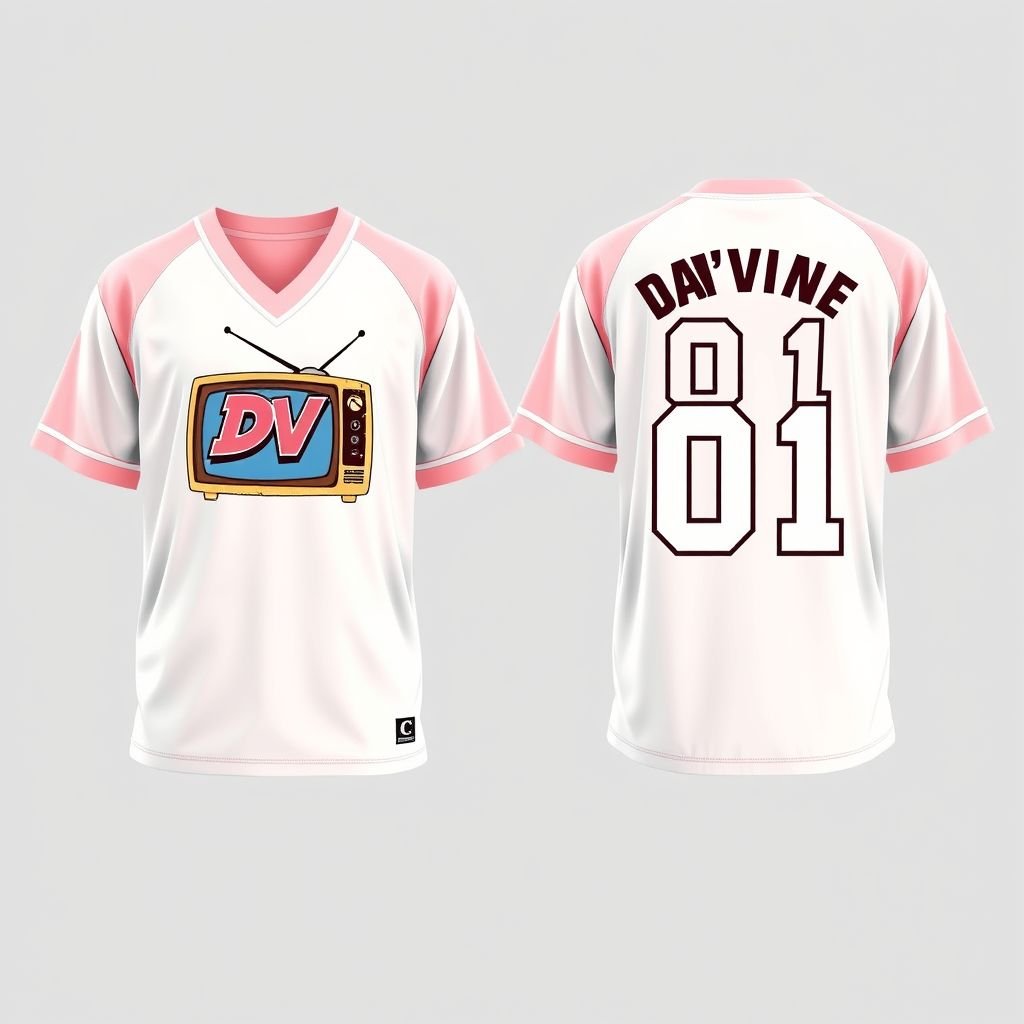 A street life, short sleeve with long sleeve under, graphic V neck Jersey with the number 01 on the back that says “Da’Vine” . I want the colors to be light pink and white. I want all the designs embroidered on the jersey. DV on the front with the DV being on a blank TV. Show the front and back design
Design a streetwear-inspired short-sleeve jersey layered over a long-sleeve tee. Rendered in light pink and white, the graphic V-neck showcases intricate embroidery. The front features a dynamic “DV” logo displayed on a vintage TV, while the back proudly displays “01” and “Da’Vine” in bold, street-style typography. Highlight both views!