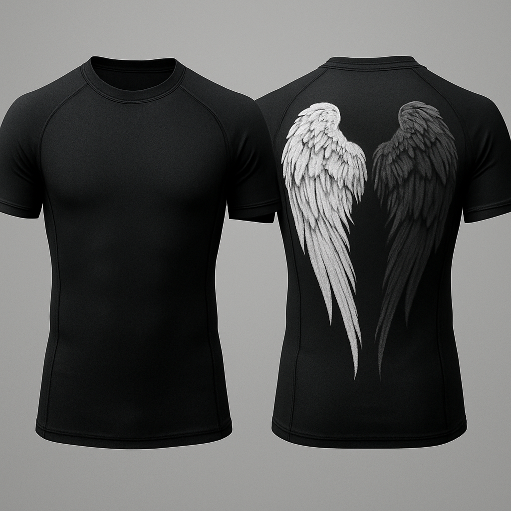 Black base short sleeve compression jujitsu rash guard shirt. 2 angle wings on the back, one white and the other dark gray. Make the wings kinda form a shape of a heart without making it too obnoxious so the wings look natural still 

Little less of a bear shape and make the wings come down almost to the bottom of the shit 

Black base short sleeve compression jujitsu rash guard shirt. 2 angle wings on the back, one white and the other dark gray. Make the wings kinda form a shape of a heart without making it too obnoxious so the wings look natural still 

Little less of a bear shape and make the wings come down almost to the bottom of the shit , emo style, show front and back