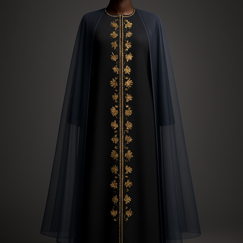 
Prompt (detailed, English):
"Photorealistic fashion render of an ankle‑length solid black crepe abaya with an attached light‑navy tulle cape. Placement: a single straight vertical line of Pakistani floral embroidery in warm metallic gold (#d4af37) runs from the center of the neckline opening down to the ankle; individual flower motifs vary in rotation and spacing for an organic/random look but strictly follow the central vertical axis. Density: light-to-medium — motifs spaced to feel airy yet continuous. Embroidery scale: medium (3–6 cm motifs) with subtle metallic sheen and tiny bead highlights; small ivory pearls intermittently sewn along the front opening edges (simple, elegant spacing). Cape: sheer light navy tulle attached at shoulders, slightly transparent so the black base shows through, falls to ankles. Mannequin: polished dark mahogany wooden mannequin visible to the ankles with elegant round base. Lighting & presentation: studio soft top‑down key with gentle rim light, neutral dark‑to‑mid gray gradient background, soft floor shadow. Shots: full‑length front (portrait 2:3) showing neckline to ankles, 3/4 view, and close‑ups of embroidery and pearl detail. Mood: refined high‑end fashion catalog photorealism, crisp textures, shallow DOF on closeups."

Short prompt (compact):
"Black ankle‑length crepe abaya + light‑navy tulle cape; central vertical Pakistani gold floral embroidery from neckline opening to ankle, light‑to‑medium density; gold front trim with small ivory pearls; polished mahogany mannequin; studio photorealistic fashion render."