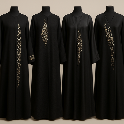 Create me modest abaya that's first in the world, using unique stone design, classy and sophisticated. Keep me 4 designs. Make them rich by adding unique chic stone high end designs and . Showcasing different styles and fabric.