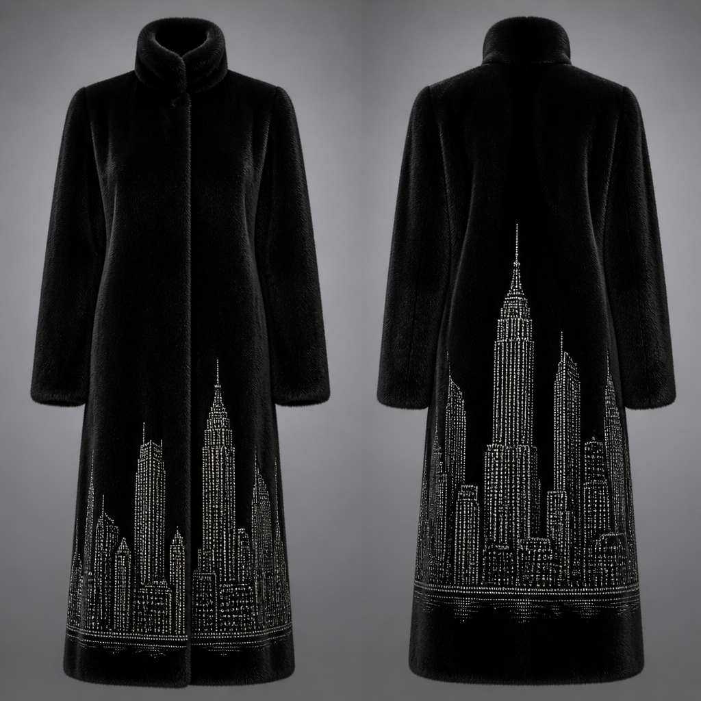 No model just outfit , long black mink coat high collar the New York city outline in the back in silver full coat and full sleeves
photorealistic fashion design, No model just outfit , long black mink coat high collar the New York city outline in the back in silver full coat and full sleeves , glamorous style, just the design no text, show front and back