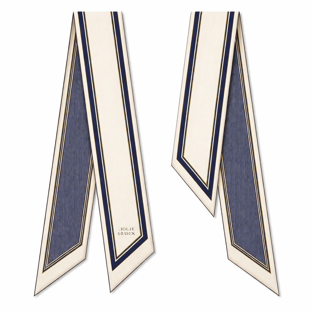 Design a 5cm x 86cm silk twill scarf for a luxury French brand called Jolie Franc. The design is classic, timeless, and tailored. Feature a precise double-line frame running the length of the scarf. Interior pattern should be architectural micro-stripes inspired by fine suiting. Color palette: ivory base with inky navy and muted antique gold accents. Hand-rolled edges. Minimal, structured, elegant, and instantly recognizable when wrapped around a Kelly-style bag handle or worn for evening.
Design a 5cm x 86cm silk twill scarf for a luxury French brand called Jolie Franc. The design is classic, timeless, and tailored. Feature a precise double-line frame running the length of the scarf. Interior pattern should be architectural micro-stripes inspired by fine suiting. Color palette: ivory base with inky navy and muted antique gold accents. Hand-rolled edges. Minimal, structured, elegant, and instantly recognizable when wrapped around a Kelly-style bag handle or worn for evening., classic style, show front and back