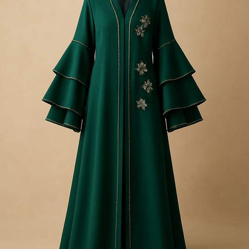 The Luxury Double-Sleeve Abaya
Tone: Deep Emerald Design: Layered double-sleeve with stone outlines and a few floral appliqués. Why it will sell: Double-sleeve designs trend every year sophisticated and instantly attractive.
