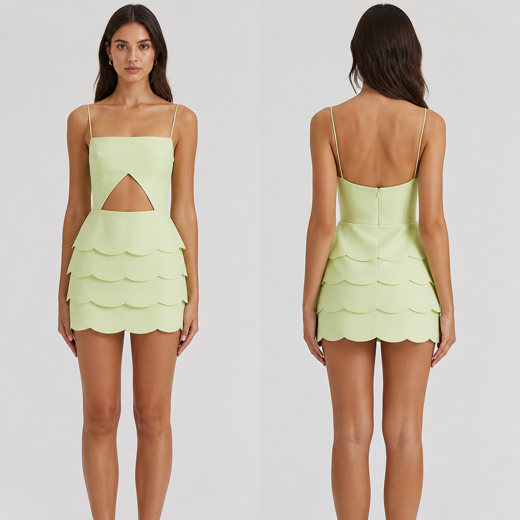 triangle cut out on the stomach with square neck and verryyyyyy thin straps very light green mini dress with rounded 5 layers of rounded overlapping skirt flaps
photorealistic fashion design, triangle cut out on the stomach with square neck and verryyyyyy thin straps very light green mini dress with rounded 5 layers of rounded overlapping skirt flaps , just the design no text, show front and back