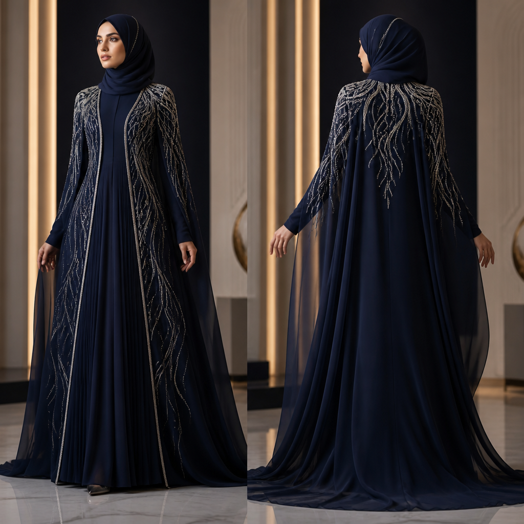 A Female Dress design, suitable for Summer. Create an ORIGINAL high-fashion Islamic couture ensemble titled “MIDNIGHT MOON”, designed by Bilikisu Ozohu.
Create a luxurious, elegant, fully modest three-piece-inspired layered ensemble consisting of a midnight-navy inner gown, an open-front flowing over-jilbab, and a matching midnight-navy headscarf.
The overall aesthetic should feel regal, sophisticated, feminine, graceful, and genuinely wearable, combining contemporary couture with refined modest fashion.
INNER GOWN
Create a beautifully tailored midnight-navy gentle A-line gown in luxurious crepe.
The gown should have:
- A sophisticated high boat neckline
- Full-length fitted sleeves
- A softly defined natural waist
- A gentle A-line silhouette
- Soft, elegant pleating beginning at the waist and flowing downward
- A floor-length hem
The pleating should create subtle movement and catch the light naturally without making the gown bulky.
Keep the inner gown elegant and relatively understated because the over-jilbab is the primary couture statement.
OVER-JILBAB
Create a dramatic floor-length open-front over-jilbab using lightweight midnight-navy chiffon layered over a luxurious crepe foundation.
The over-jilbab should have graceful flowing side panels that move naturally around the inner gown.
The front opening should be framed with a precise, narrow silver couture border.
Do not make the opening excessively wide. It should reveal glimpses of the pleated navy inner gown naturally as the model moves.
SILVER MOTIF
The signature feature is a sophisticated flowing silver embroidery motif beginning delicately around the shoulders and cascading organically down toward the hem.
The motif should resemble elegant flowing lines inspired by moonlight or graceful botanical branches, but remain primarily abstract and geometric rather than floral.
The silver embroidery should gradually change in scale as it travels downward:
- Delicate around the shoulders
- Slightly more pronounced through the upper torso
- Flowing elegantly along the sides
- Gradually tapering toward the hem
The embroidery should remain refined and controlled.
Avoid excessive silver coverage.
SLEEVES
Create fitted full-length inner sleeves beneath flowing outer chiffon sleeves.
The outer sleeves should fall gracefully from the shoulders and move naturally with the over-jilbab.
The transition between the inner and outer sleeves should look seamless and couture-crafted.
BACK DETAIL
Add a long trailing chiffon panel attached subtly at the back of the over-jilbab.
The panel should flow behind the model like a lightweight train, creating movement without becoming excessively dramatic.
Integrate a small amount of the flowing silver embroidery into the upper portion of this back panel.
HEADSCARF
Complete the ensemble with a matching midnight-navy headscarf made from lightweight luxurious fabric.
The headscarf should be elegantly draped and fully cover the hair and neck.
Finish the edge with a very delicate silver embroidered border matching the embroidery on the gown.
Keep the styling graceful and understated.
MODEL
Show an adult female fashion model with natural, elegant proportions and a graceful presence.
Her styling should be sophisticated and modest.
Use natural makeup, refined posture, and minimal jewelry.
PRESENTATION
Place the model in a luxurious contemporary architectural setting with deep navy, ivory, and soft metallic elements.
Use sophisticated editorial lighting that allows the silver embroidery and flowing fabrics to catch the light naturally.
Show the model in a graceful full-body pose that clearly reveals:
- The layered silhouette
- Open-front over-jilbab
- Pleated inner gown
- Flowing outer sleeves
- Silver-framed opening
- Cascading silver motif
- Trailing chiffon back panel
- Matching headscarf
Use photorealistic high-fashion couture photography with realistic fabric textures, natural chiffon movement, precise tailoring, realistic embroidery, natural skin texture, and premium editorial quality.
The final image should communicate:
modest luxury • midnight elegance • contemporary Islamic couture • regal femininity • graceful movement
Add subtle designer text:
MIDNIGHT MOON
Designed by Bilikosu Ozohu
The designer credit should be elegant and understated.
IMPORTANT: This must be an ORIGINAL Islamic couture design by Bilikosu Ozohu. Do not copy an existing designer garment or runway look. Keep the ensemble fully modest, elegant, and wearable. Avoid excessive embellishment, rigid construction, armor-like shapes, oversized decorations, or unrelated motifs. Preserve the midnight-navy and silver palette, flowing layered silhouette, high boat neckline, pleated inner gown, silver-framed opening, cascading silver motif, chiffon back panel, and matching headscarf precisely. Present it as professional fashion catalogue photography: the garment is the subject, shown full-length with editorial styling, neutral posing and tasteful, non-suggestive framing.
photorealistic fashion design, A Female Dress design, suitable for Summer. Create an ORIGINAL high-fashion Islamic couture ensemble titled “MIDNIGHT MOON”, designed by Bilikisu Ozohu.
Create a luxurious, elegant, fully modest three-piece-inspired layered ensemble consisting of a midnight-navy inner gown, an open-front flowing over-jilbab, and a matching midnight-navy headscarf.
The overall aesthetic should feel regal, sophisticated, feminine, graceful, and genuinely wearable, combining contemporary couture with refined modest fashion.
INNER GOWN
Create a beautifully tailored midnight-navy gentle A-line gown in luxurious crepe.
The gown should have:
- A sophisticated high boat neckline
- Full-length fitted sleeves
- A softly defined natural waist
- A gentle A-line silhouette
- Soft, elegant pleating beginning at the waist and flowing downward
- A floor-length hem
The pleating should create subtle movement and catch the light naturally without making the gown bulky.
Keep the inner gown elegant and relatively understated because the over-jilbab is the primary couture statement.
OVER-JILBAB
Create a dramatic floor-length open-front over-jilbab using lightweight midnight-navy chiffon layered over a luxurious crepe foundation.
The over-jilbab should have graceful flowing side panels that move naturally around the inner gown.
The front opening should be framed with a precise, narrow silver couture border.
Do not make the opening excessively wide. It should reveal glimpses of the pleated navy inner gown naturally as the model moves.
SILVER MOTIF
The signature feature is a sophisticated flowing silver embroidery motif beginning delicately around the shoulders and cascading organically down toward the hem.
The motif should resemble elegant flowing lines inspired by moonlight or graceful botanical branches, but remain primarily abstract and geometric rather than floral.
The silver embroidery should gradually change in scale as it travels downward:
- Delicate around the shoulders
- Slightly more pronounced through the upper torso
- Flowing elegantly along the sides
- Gradually tapering toward the hem
The embroidery should remain refined and controlled.
Avoid excessive silver coverage.
SLEEVES
Create fitted full-length inner sleeves beneath flowing outer chiffon sleeves.
The outer sleeves should fall gracefully from the shoulders and move naturally with the over-jilbab.
The transition between the inner and outer sleeves should look seamless and couture-crafted.
BACK DETAIL
Add a long trailing chiffon panel attached subtly at the back of the over-jilbab.
The panel should flow behind the model like a lightweight train, creating movement without becoming excessively dramatic.
Integrate a small amount of the flowing silver embroidery into the upper portion of this back panel.
HEADSCARF
Complete the ensemble with a matching midnight-navy headscarf made from lightweight luxurious fabric.
The headscarf should be elegantly draped and fully cover the hair and neck.
Finish the edge with a very delicate silver embroidered border matching the embroidery on the gown.
Keep the styling graceful and understated.
MODEL
Show an adult female fashion model with natural, elegant proportions and a graceful presence.
Her styling should be sophisticated and modest.
Use natural makeup, refined posture, and minimal jewelry.
PRESENTATION
Place the model in a luxurious contemporary architectural setting with deep navy, ivory, and soft metallic elements.
Use sophisticated editorial lighting that allows the silver embroidery and flowing fabrics to catch the light naturally.
Show the model in a graceful full-body pose that clearly reveals:
- The layered silhouette
- Open-front over-jilbab
- Pleated inner gown
- Flowing outer sleeves
- Silver-framed opening
- Cascading silver motif
- Trailing chiffon back panel
- Matching headscarf
Use photorealistic high-fashion couture photography with realistic fabric textures, natural chiffon movement, precise tailoring, realistic embroidery, natural skin texture, and premium editorial quality.
The final image should communicate:
modest luxury • midnight elegance • contemporary Islamic couture • regal femininity • graceful movement
Add subtle designer text:
MIDNIGHT MOON
Designed by Bilikosu Ozohu
The designer credit should be elegant and understated.
IMPORTANT: This must be an ORIGINAL Islamic couture design by Bilikosu Ozohu. Do not copy an existing designer garment or runway look. Keep the ensemble fully modest, elegant, and wearable. Avoid excessive embellishment, rigid construction, armor-like shapes, oversized decorations, or unrelated motifs. Preserve the midnight-navy and silver palette, flowing layered silhouette, high boat neckline, pleated inner gown, silver-framed opening, cascading silver motif, chiffon back panel, and matching headscarf precisely. Present it as professional fashion catalogue photography: the garment is the subject, shown full-length with editorial styling, neutral posing and tasteful, non-suggestive framing., just the design no text, show front and back