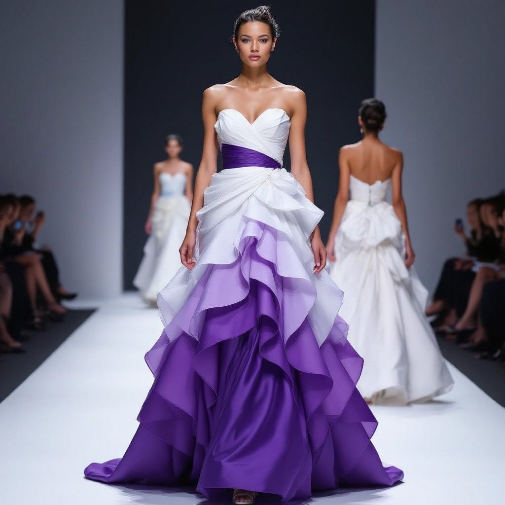 Vestito realistico a forma di fiore a cono senza spalline sotto viola e sopra bianco
Strapless cone-shaped realistic flower dress with a purple bottom and a white top, crafted from silk, featuring a fitted bodice and a flowing skirt, adorned with delicate petal detailing.